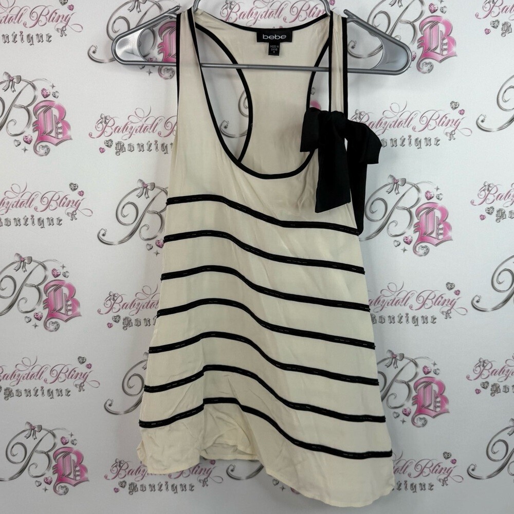 Bebe tank top stripes bow ribbon white Cream and Black Striped Tank Top